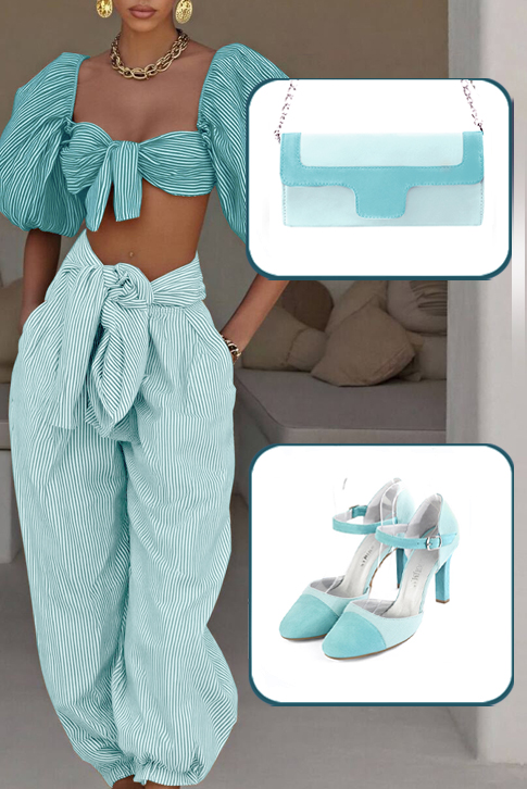Women's aquamarine blue elegant closed-back heels, with an instep strap. Round toe. High slim heel - Worn view